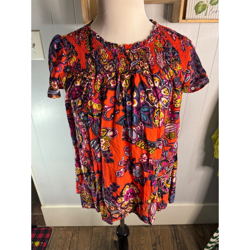 Anthropologie‎ Smocked Peasant Blouse Orange Floral Print Short Sleeve Women's S